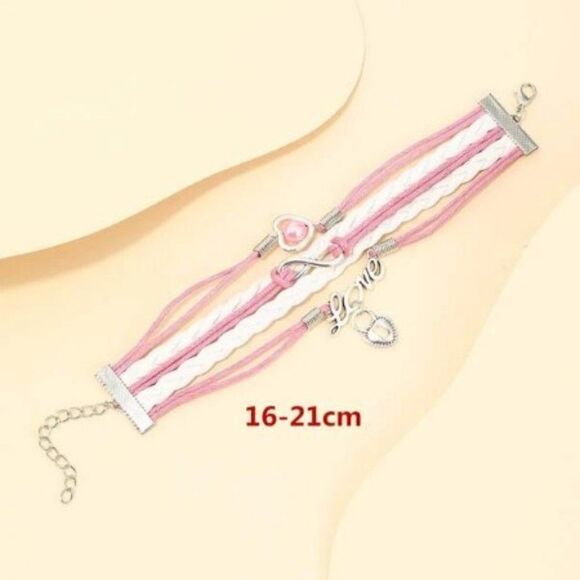 INFINITY LOVE PINK PEARL HEART LOCK LEATHER LAYERED BRACELET IN PINK AND WHITE - Picture 5 of 5